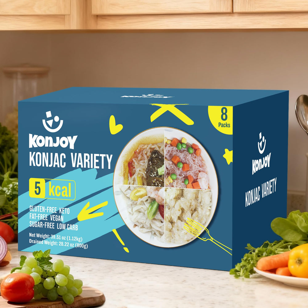 KONJOY 8-pack variety box shown for quick meals and meal prep.