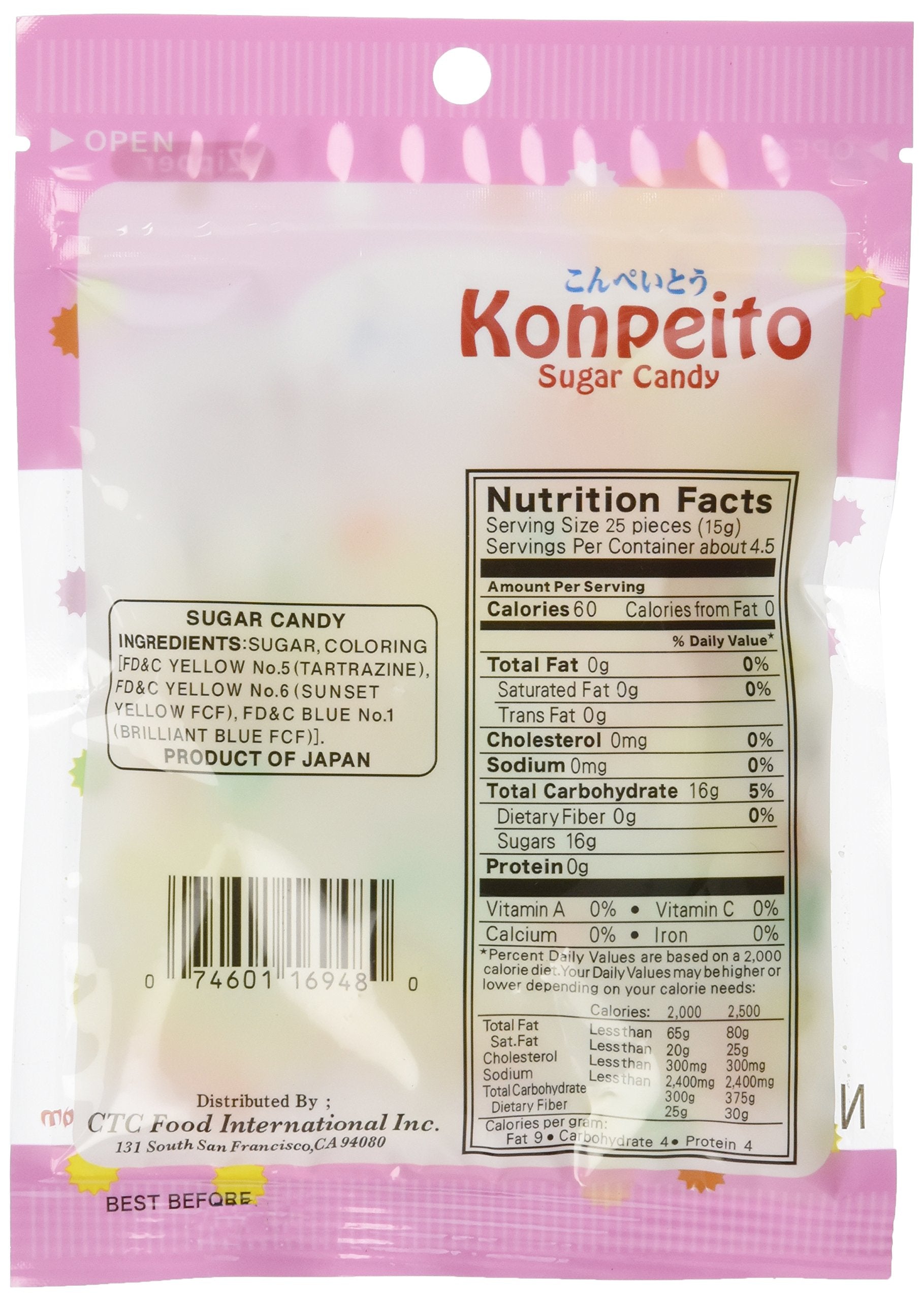 Konpeito sugar candy bag back view showing size and weight details.