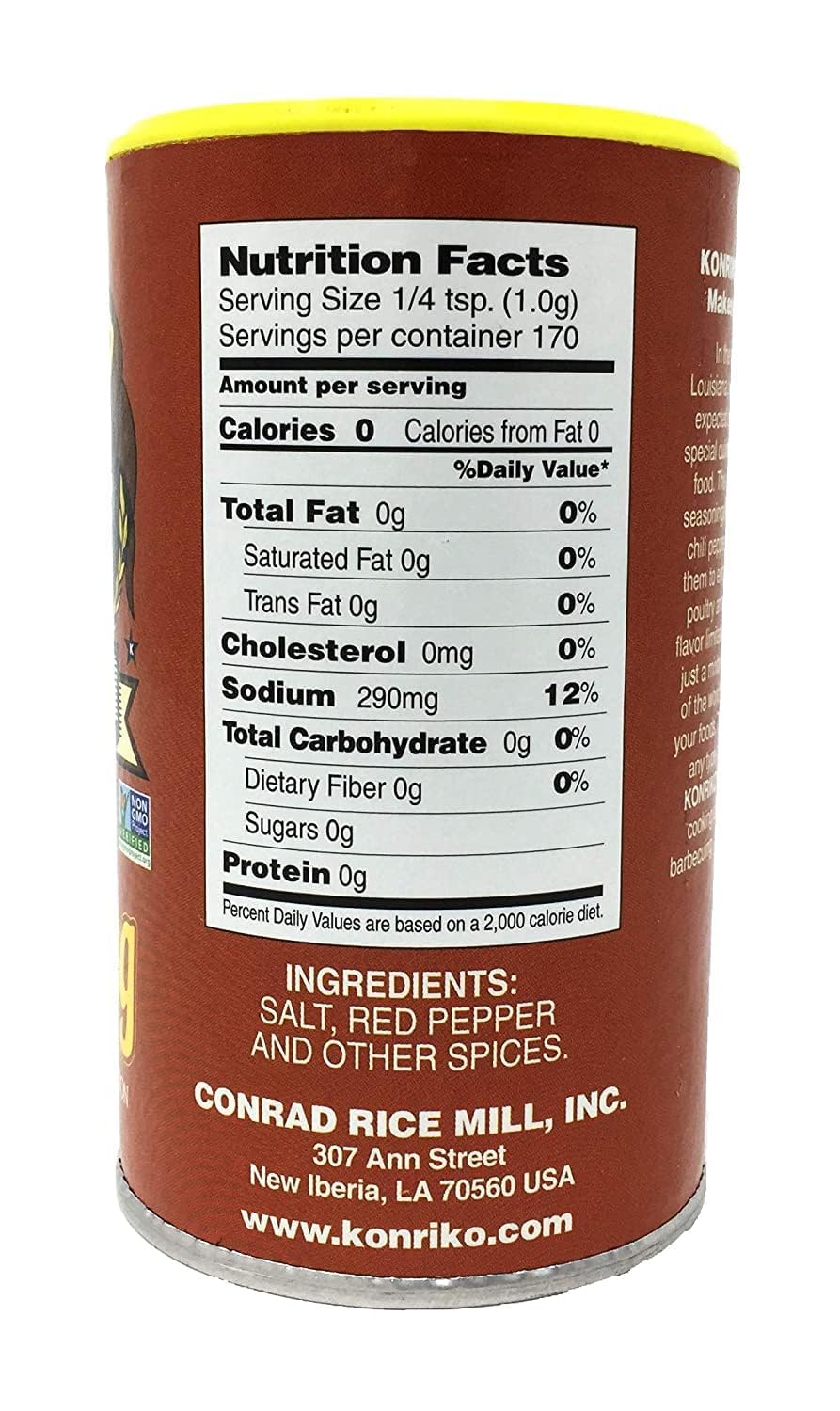 Konriko Creole Seasoning bottle closeup highlighting peppers and garlic.