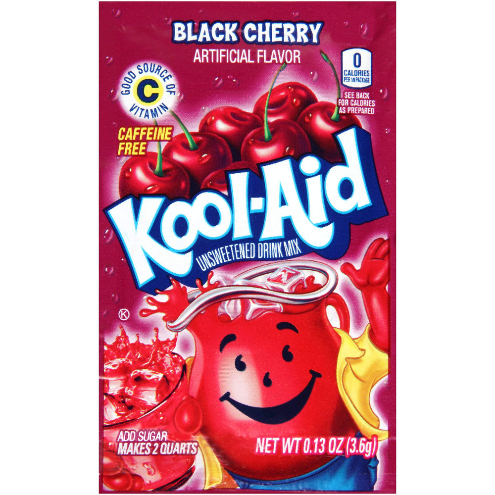 Kool-Aid Black Cherry mix in a water bottle, ideal for travel and hydration.