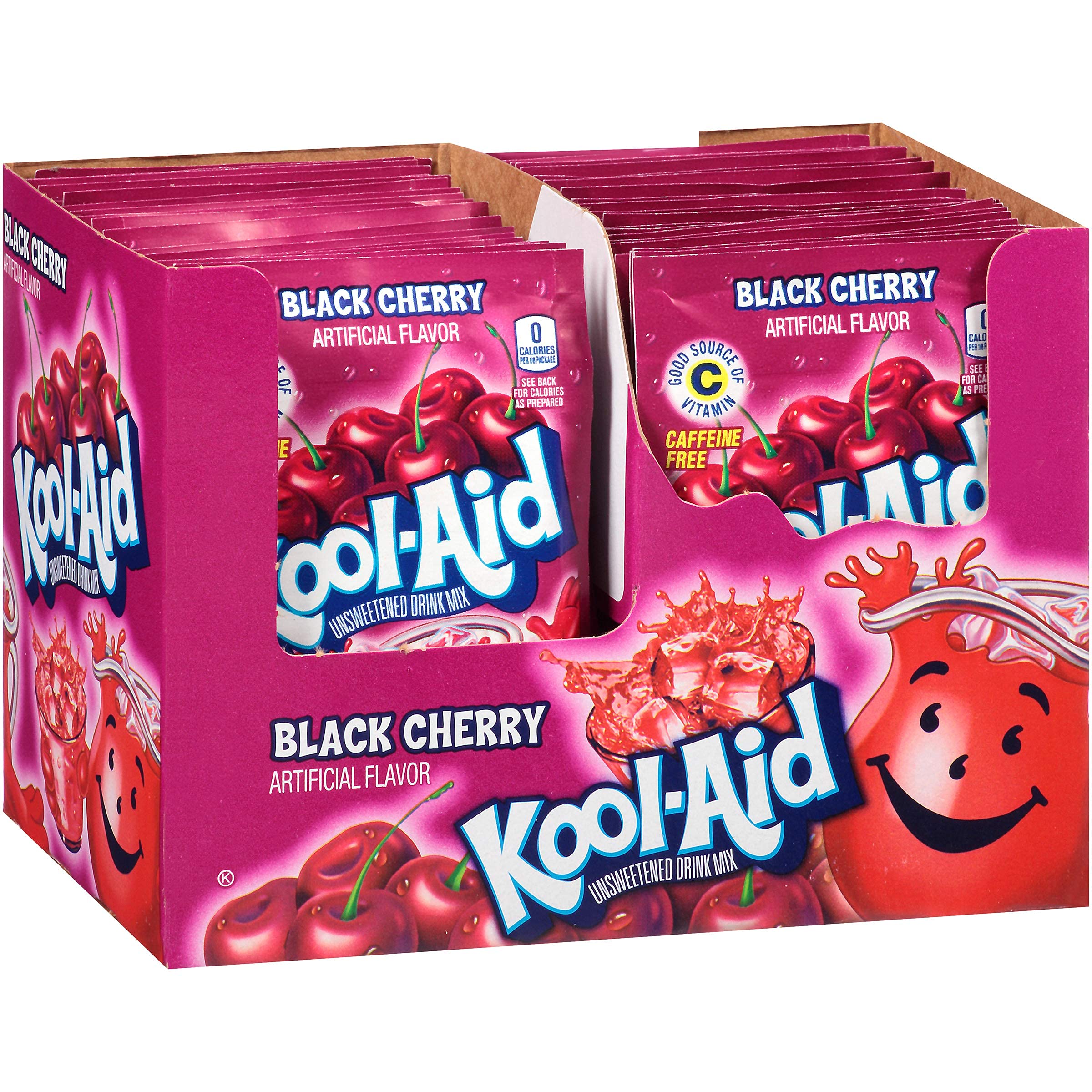 Kool-Aid Black Cherry powder packet pour for quick, customizable servings.