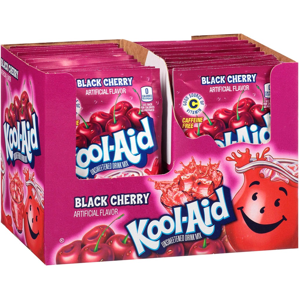 Kool-Aid Black Cherry powder packet pour for quick, customizable servings.