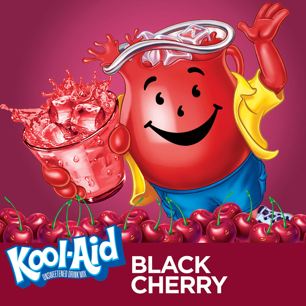 Kool-Aid Black Cherry powder label highlighting vitamin C and caffeine-free option.