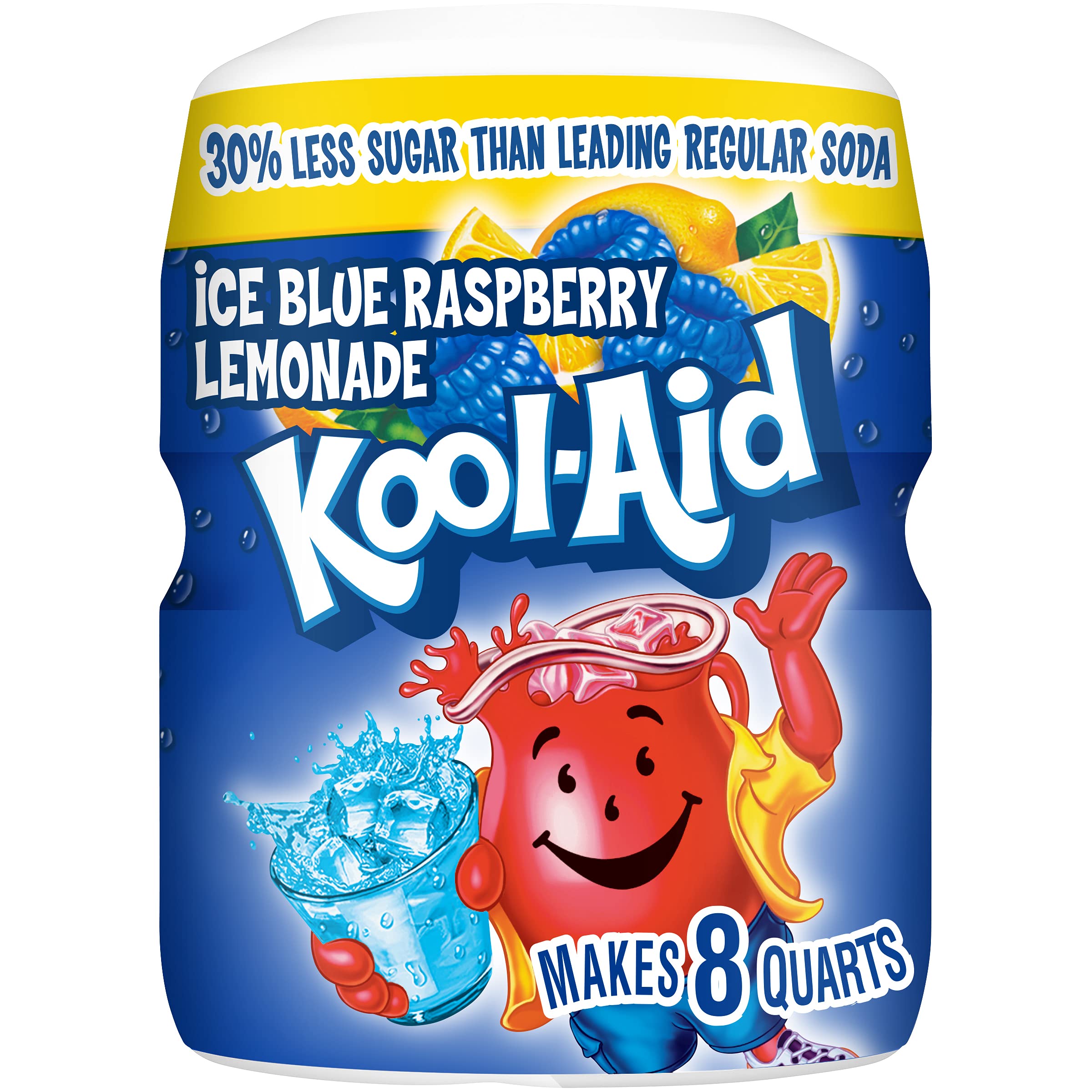 Kool-Aid Blue Raspberry Lemonade canister on kitchen counter for quick hydration