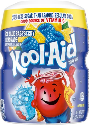 Tall glass of Kool-Aid Blue Raspberry Lemonade with ice