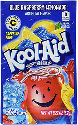 Kool-Aid Ice Blue Raspberry Lemonade envelopes pour into a glass for a refreshing flavor.