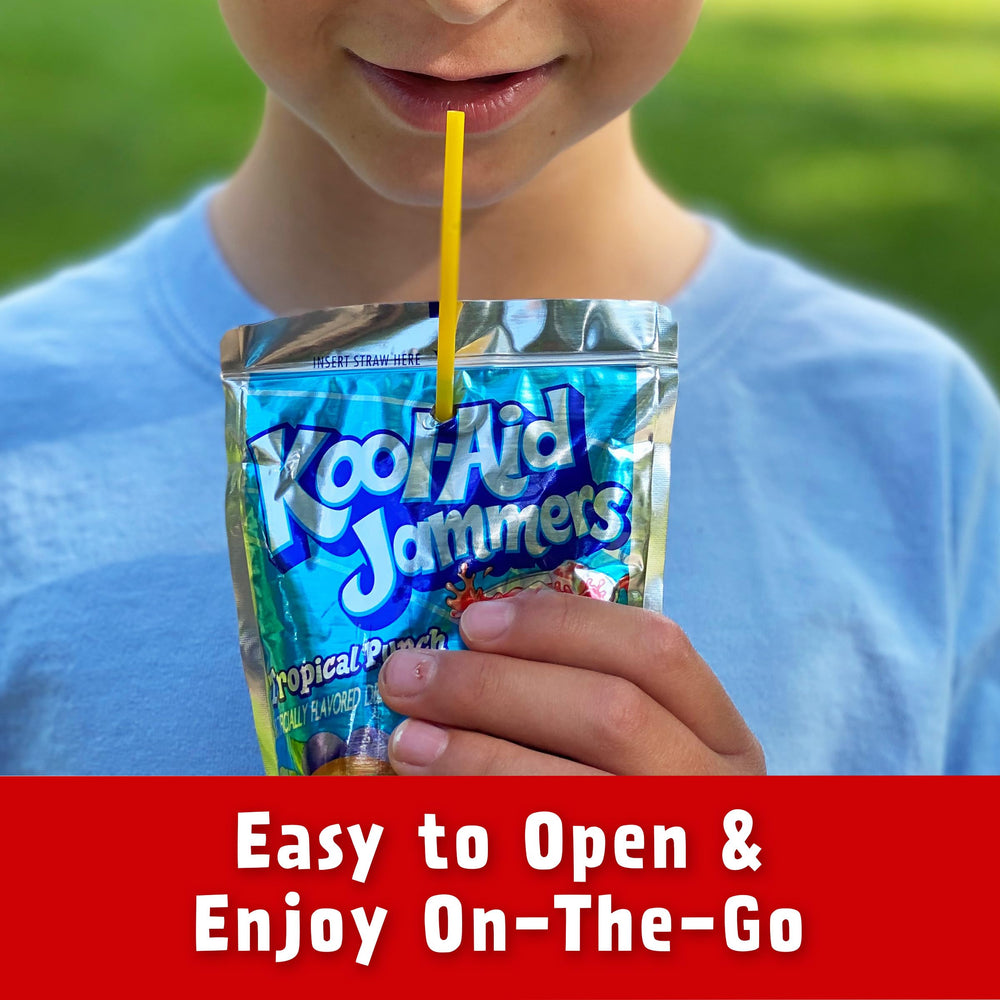 Kool-Aid Jammers easy-open pouches, kid-friendly design for quick drinks.