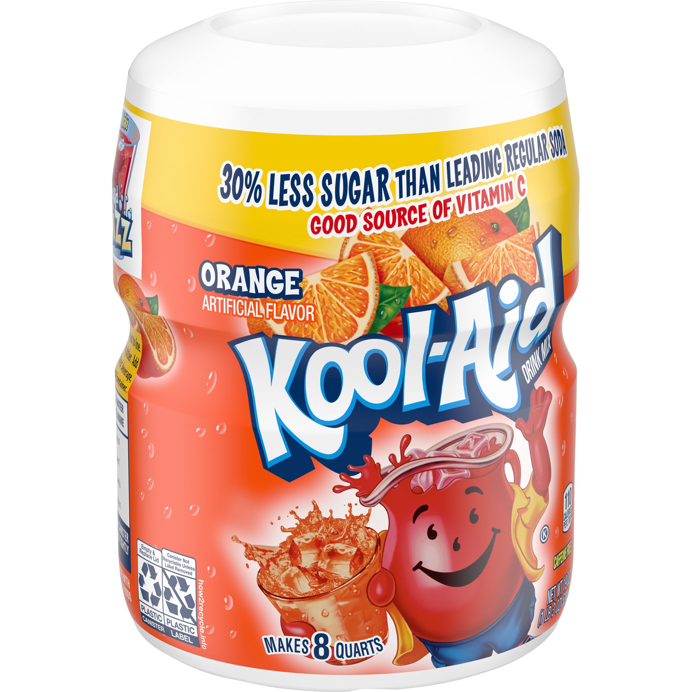 Kool-Aid Orange Drink Mix poured into a glass with ice for a refreshing drink.