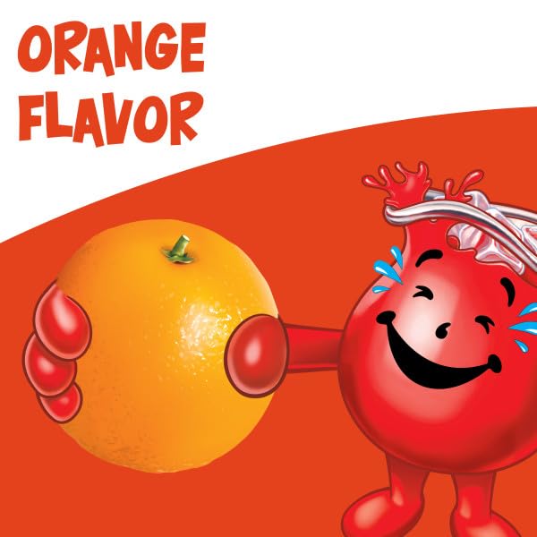 Kool-Aid Orange drink mix ready to pour into a glass.