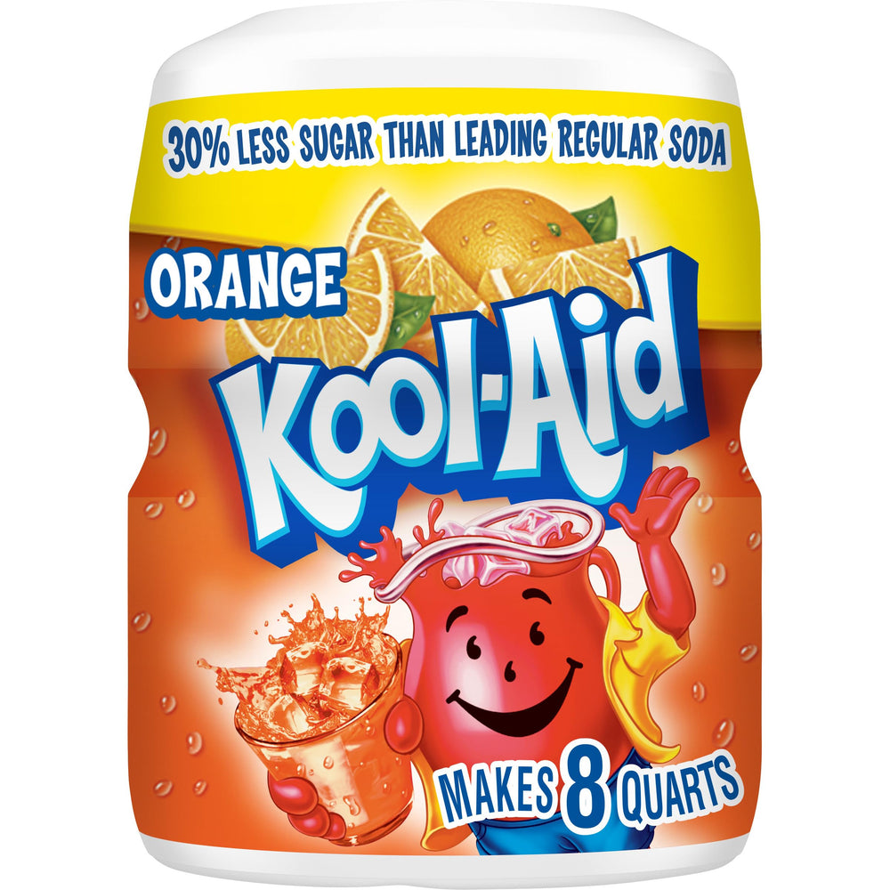 Kool-Aid Orange Drink Mix jar front for quick hydration and family refreshment.