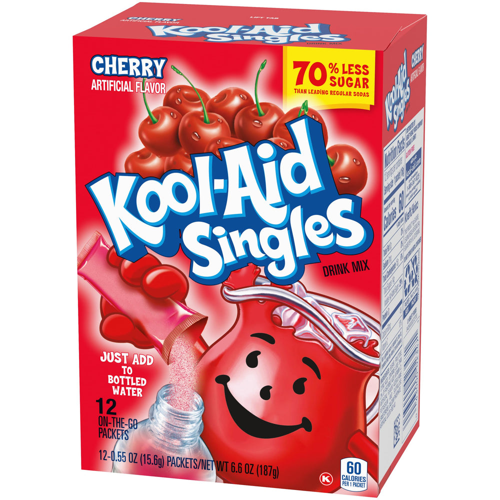 Kool-Aid Singles Cherry box close-up showing 12-pack convenience