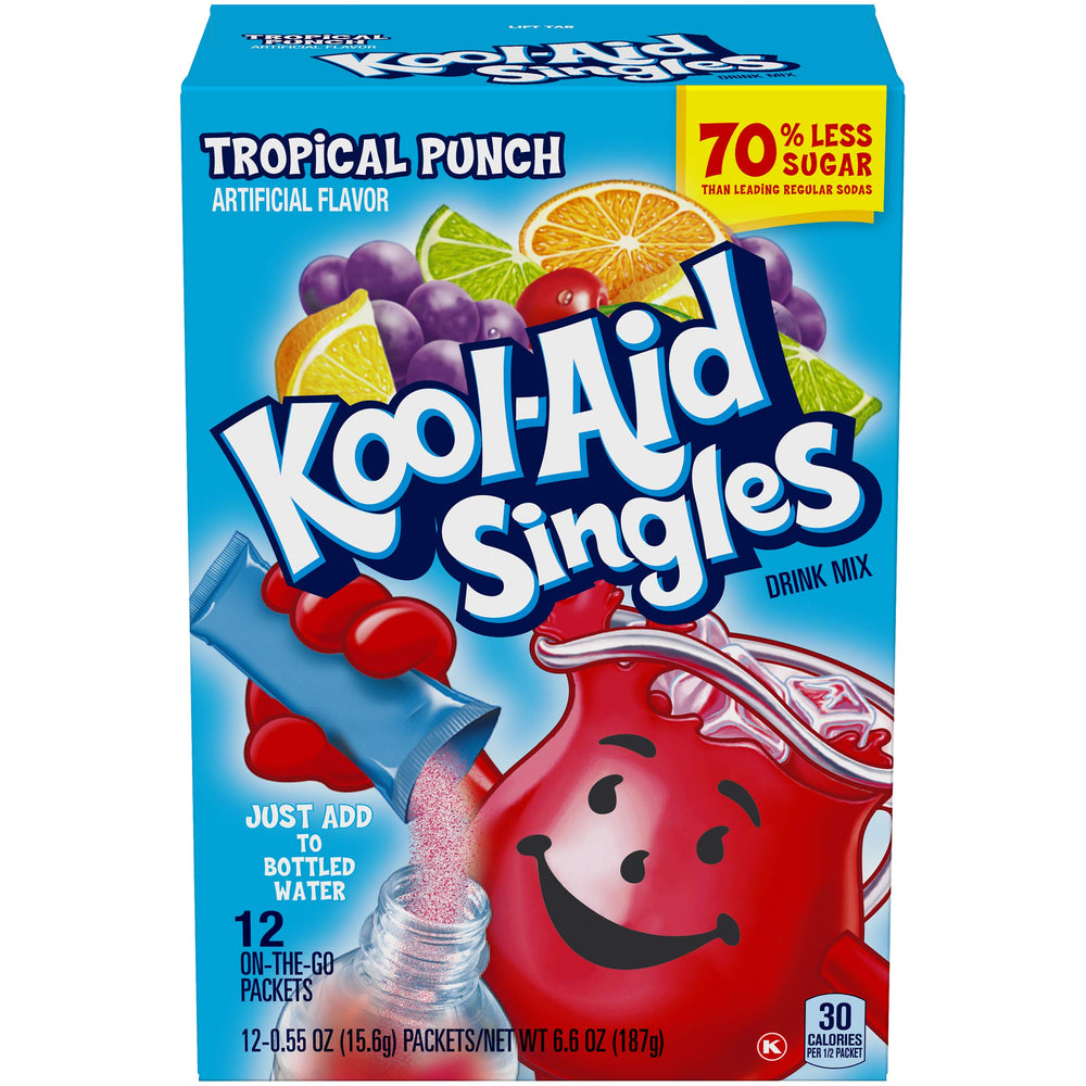 Kool-Aid Singles Tropical Punch glass with ice, a refreshing cold drink.