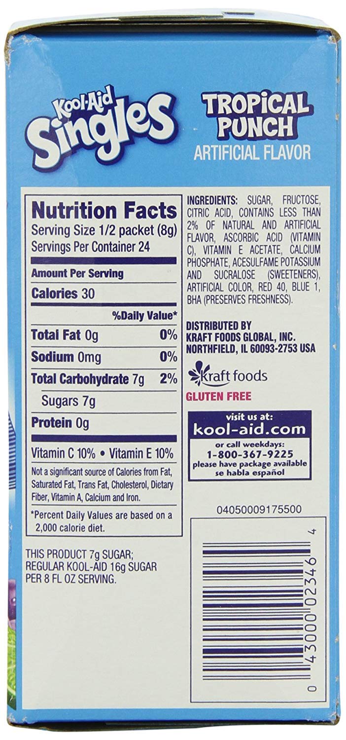 Kool-Aid Singles Tropical Punch packets closeup, convenient on-the-go flavor options.