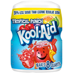 Kool-Aid Tropical Punch canister with resealable lid for easy storage.