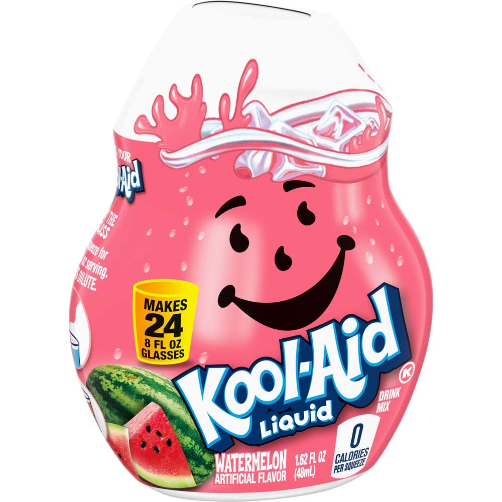 Kool-Aid Watermelon Liquid Drink Mix held beside a glass of watermelon-flavored water.