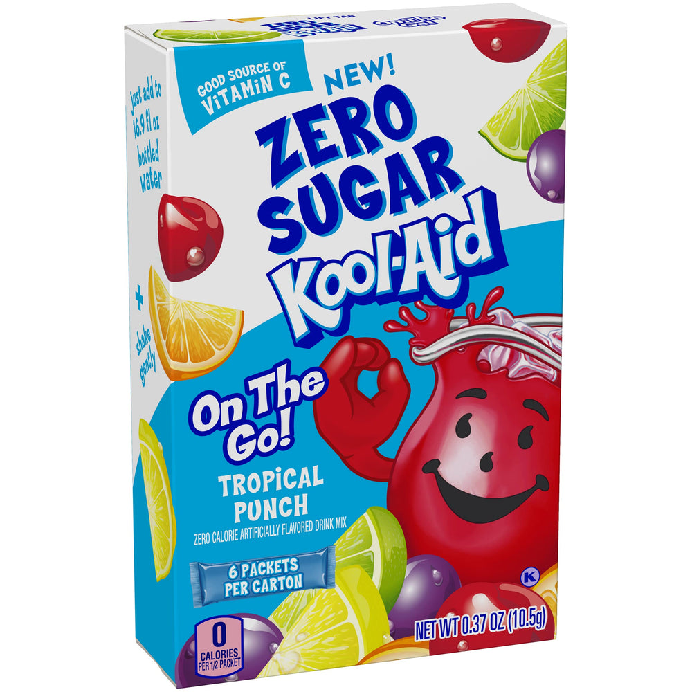 Kool-Aid Zero Sugar Tropical Punch On-The-Go box shown for quick, sugar-free refreshment