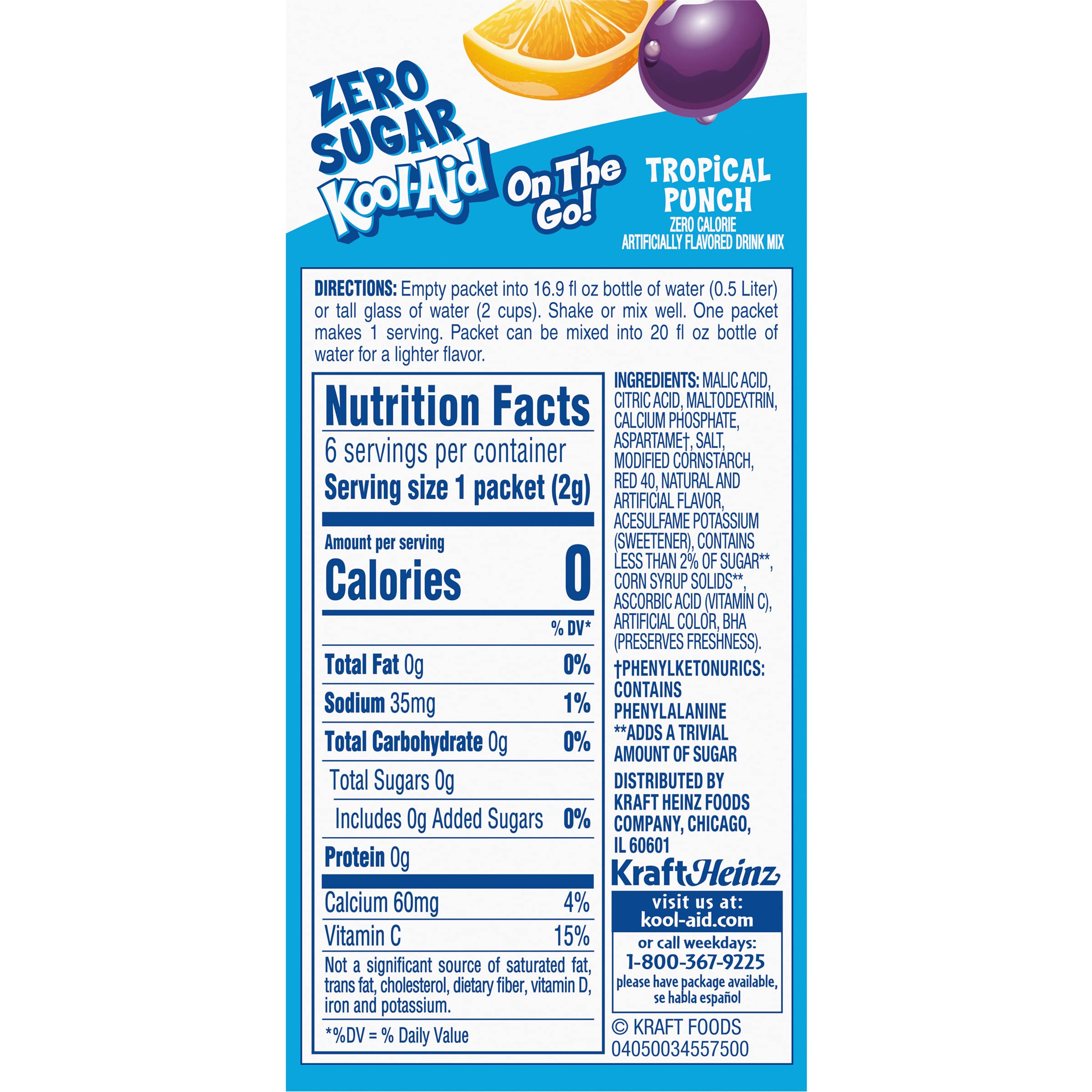 Kool-Aid Zero Sugar tropical punch on-the-go packet easy to mix in water.