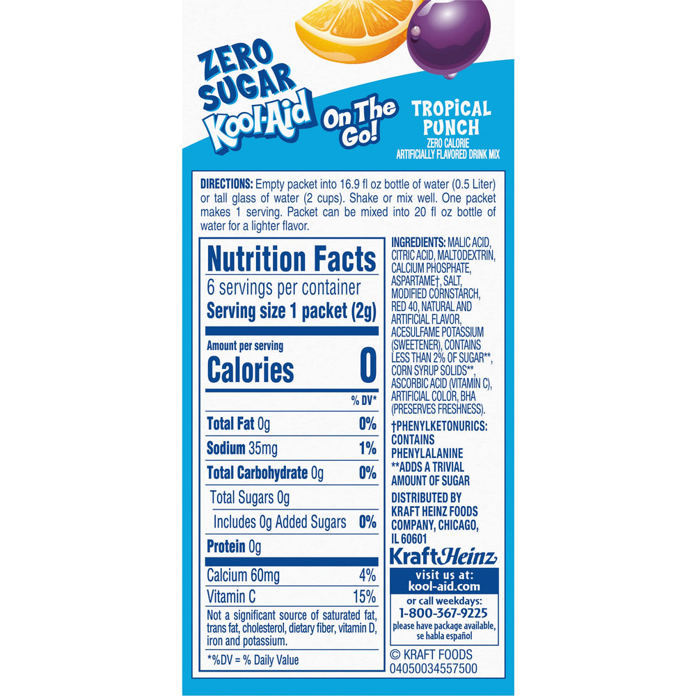 Kool-Aid Zero Sugar tropical punch on-the-go packet easy to mix in water.