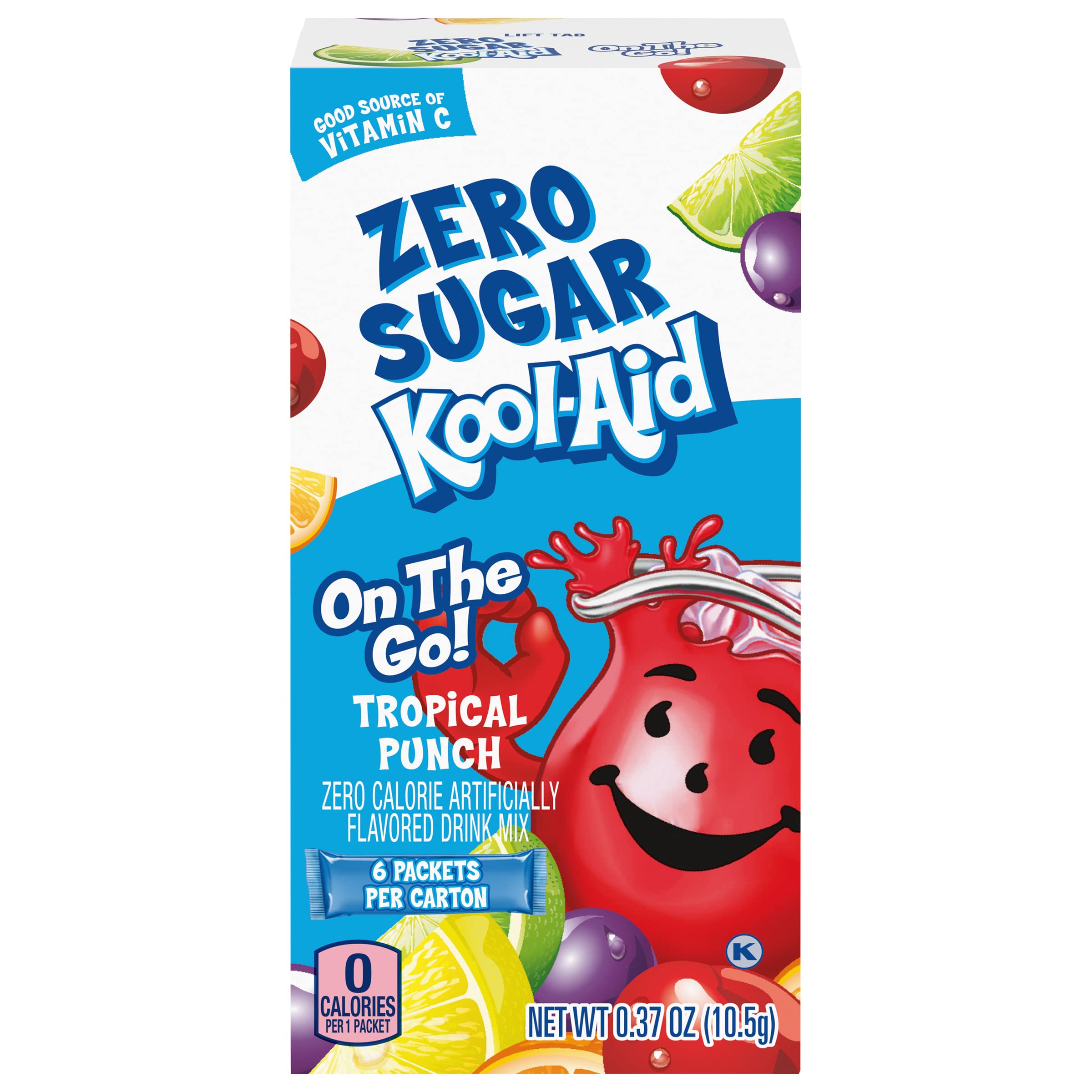 Kool-Aid Zero Sugar tropical punch on-the-go packet sealed for freshness and convenience.