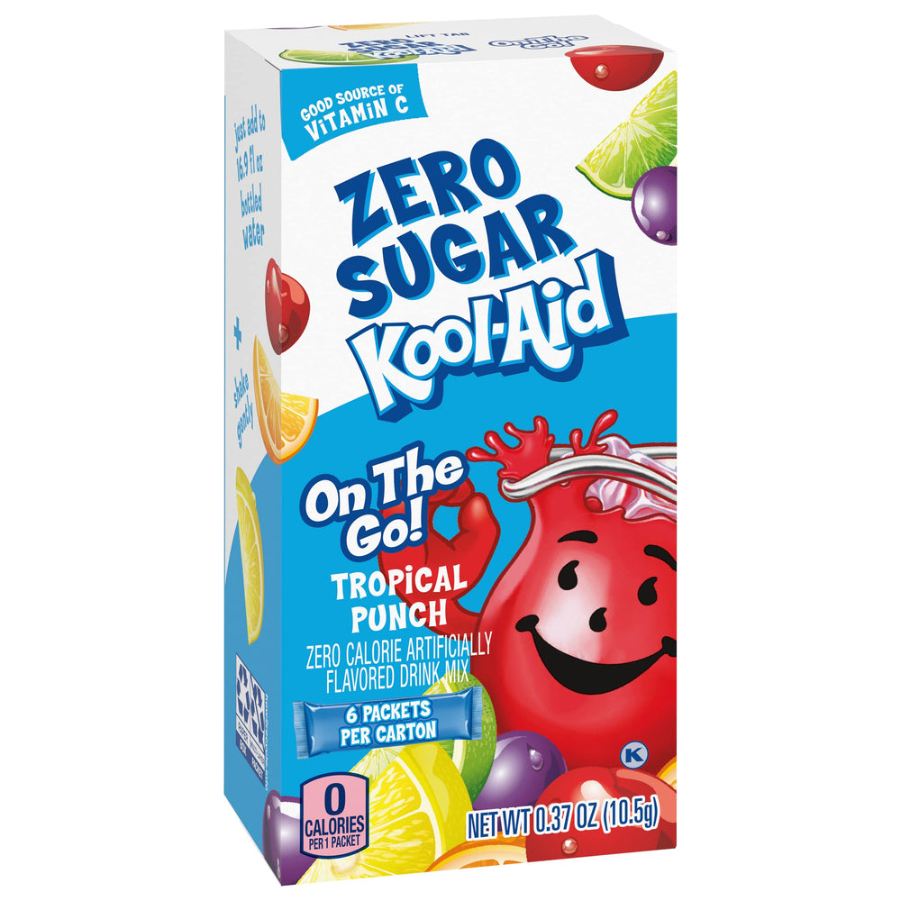 Kool-Aid Zero Sugar tropical punch on-the-go single-serve packet for travel.