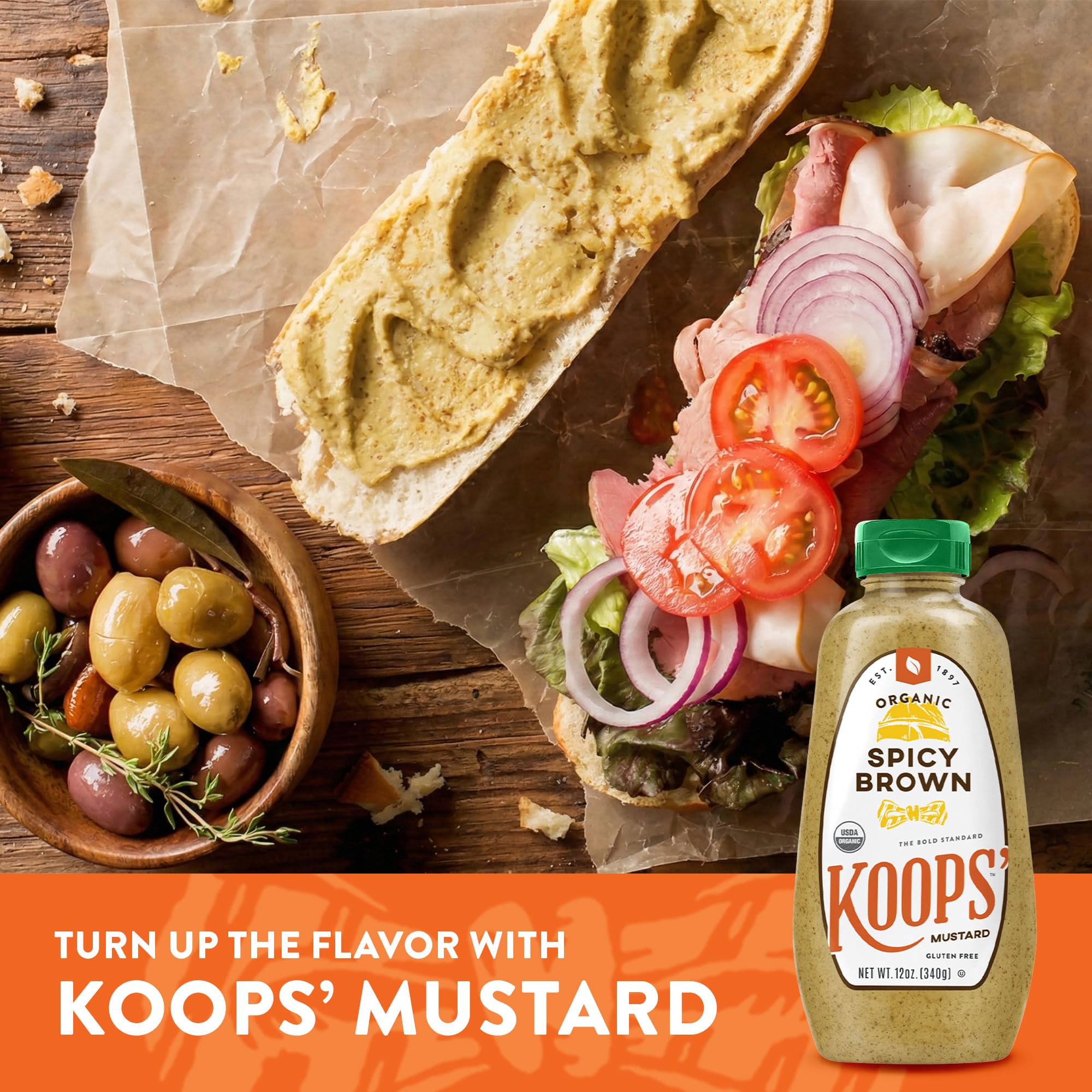 Koops' mustard on a burger adding a tangy kick