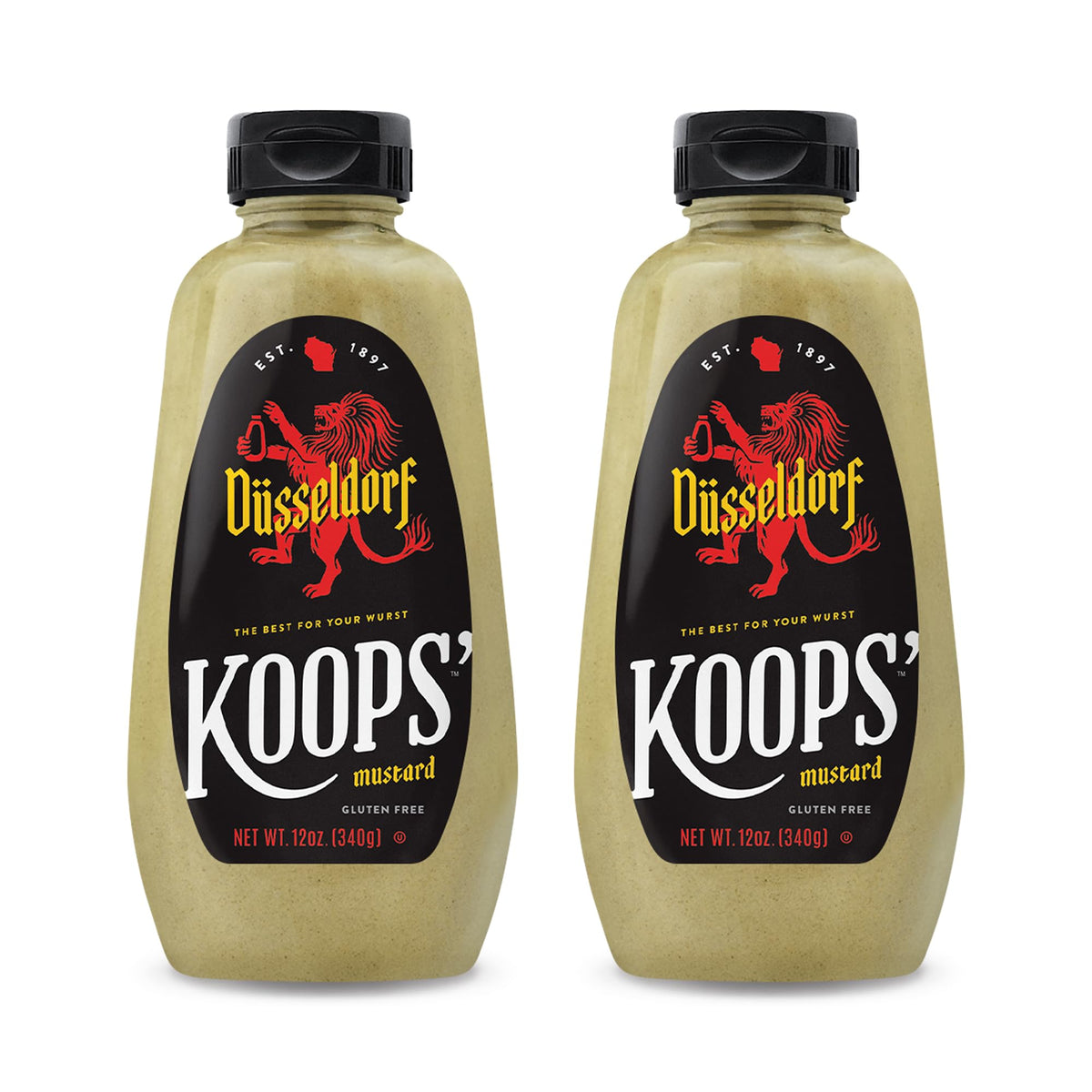 Koops' Dusseldorf Mustard bottle front view, creamy Bavarian flavor for bratwurst