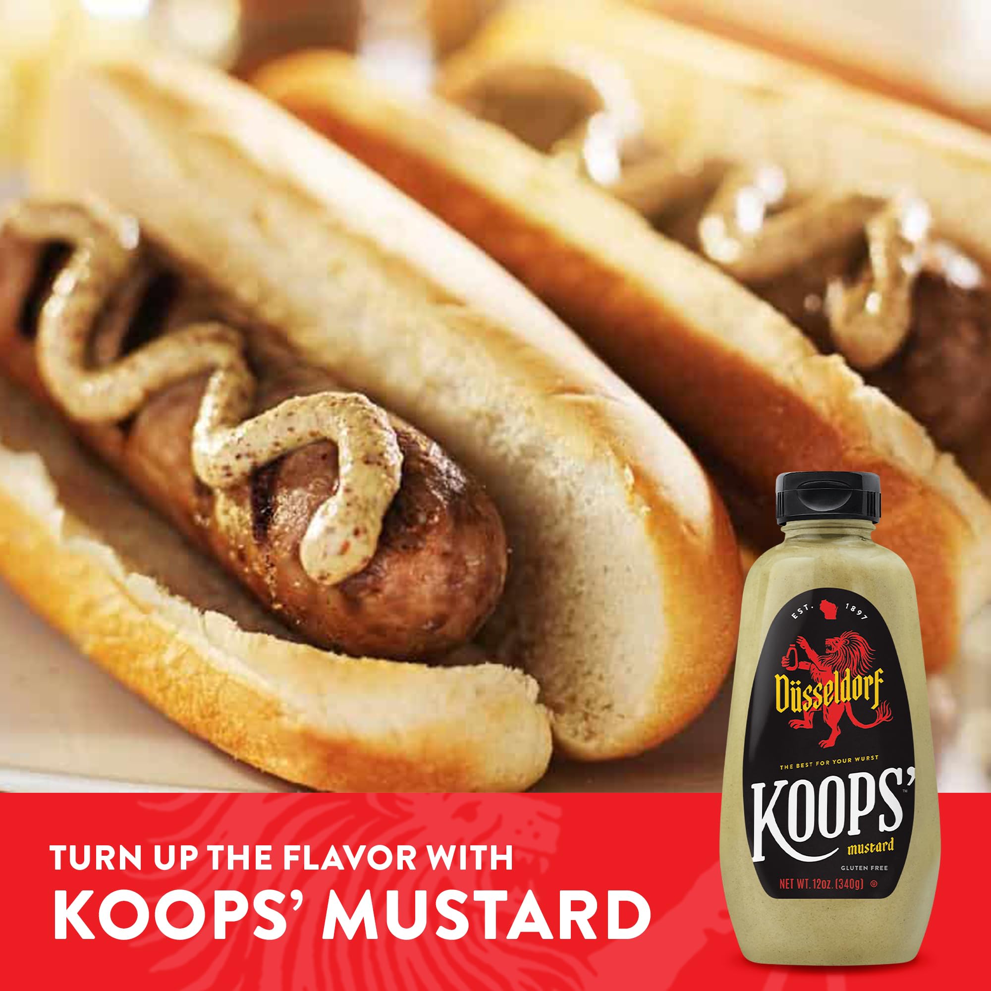 Koops' Dusseldorf Mustard label detail, traditional Bavarian look enhances pantry appeal