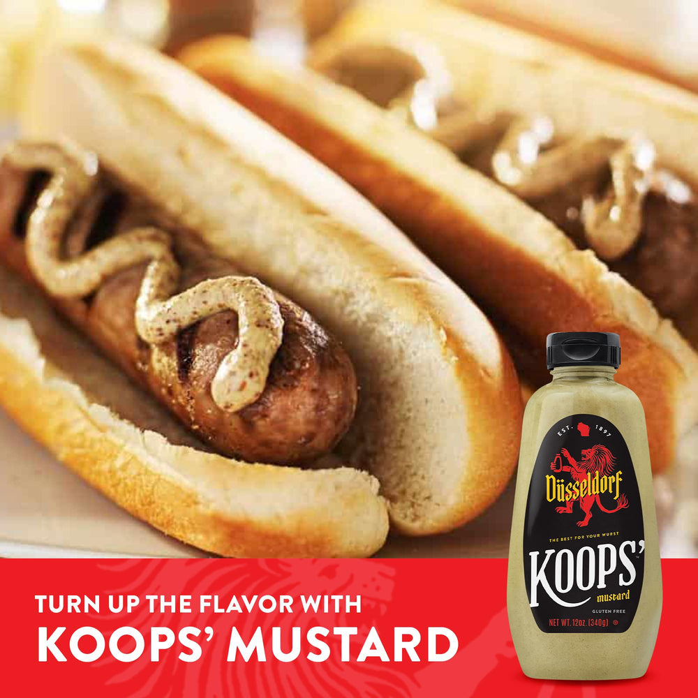 Koops' Dusseldorf Mustard label detail, traditional Bavarian look enhances pantry appeal