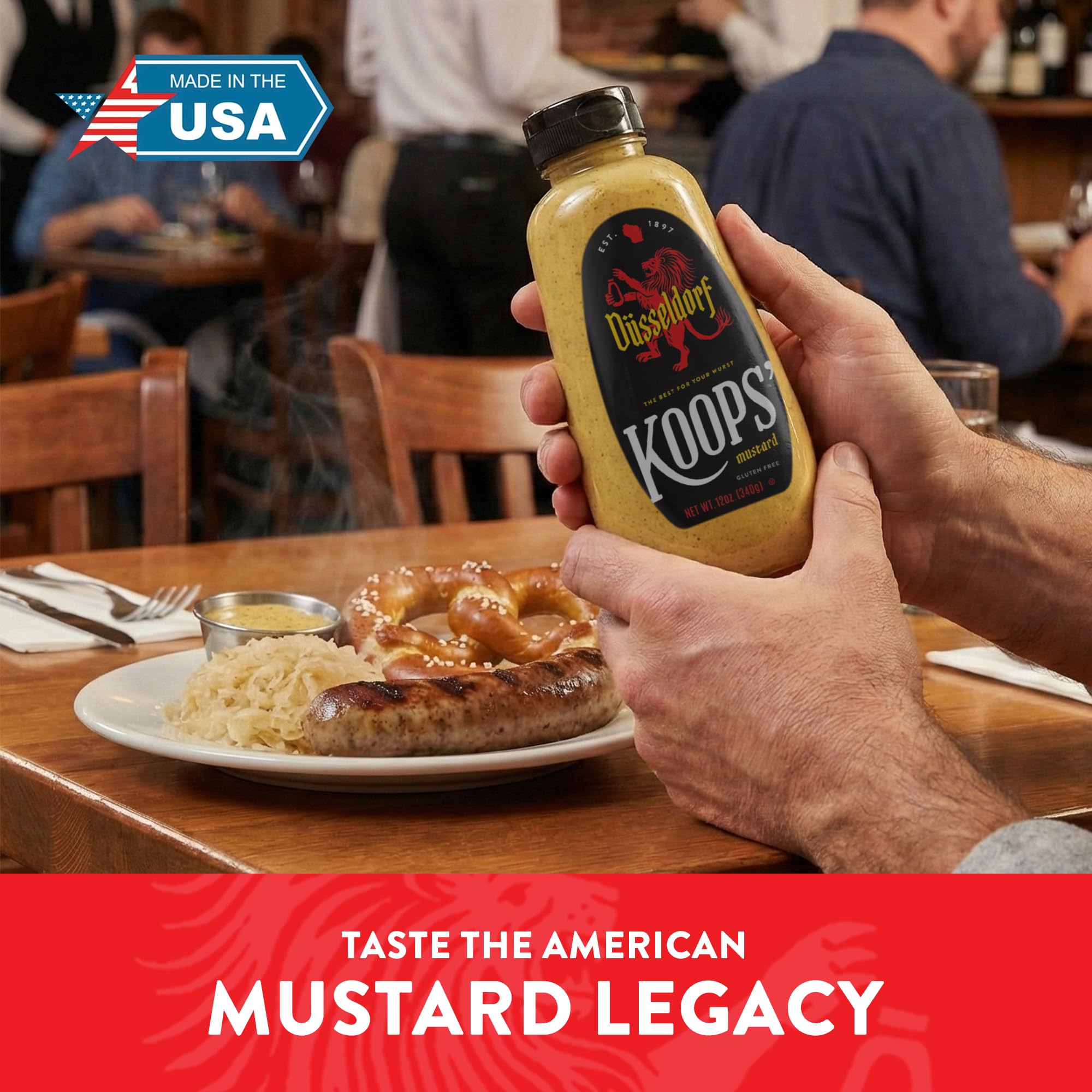 Koops' Dusseldorf Mustard on burger, creamy Bavarian tang elevates sandwich