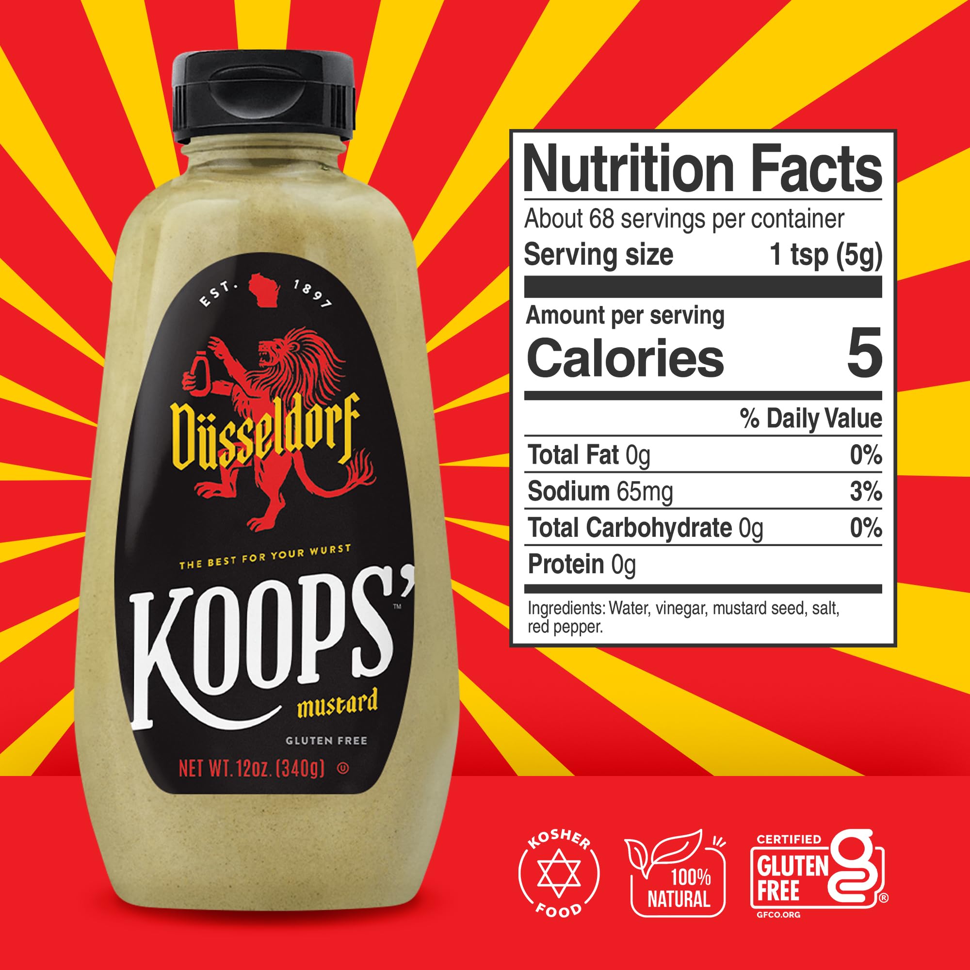 Koops' Dusseldorf Mustard squeeze bottle, convenient for burgers and hot dogs