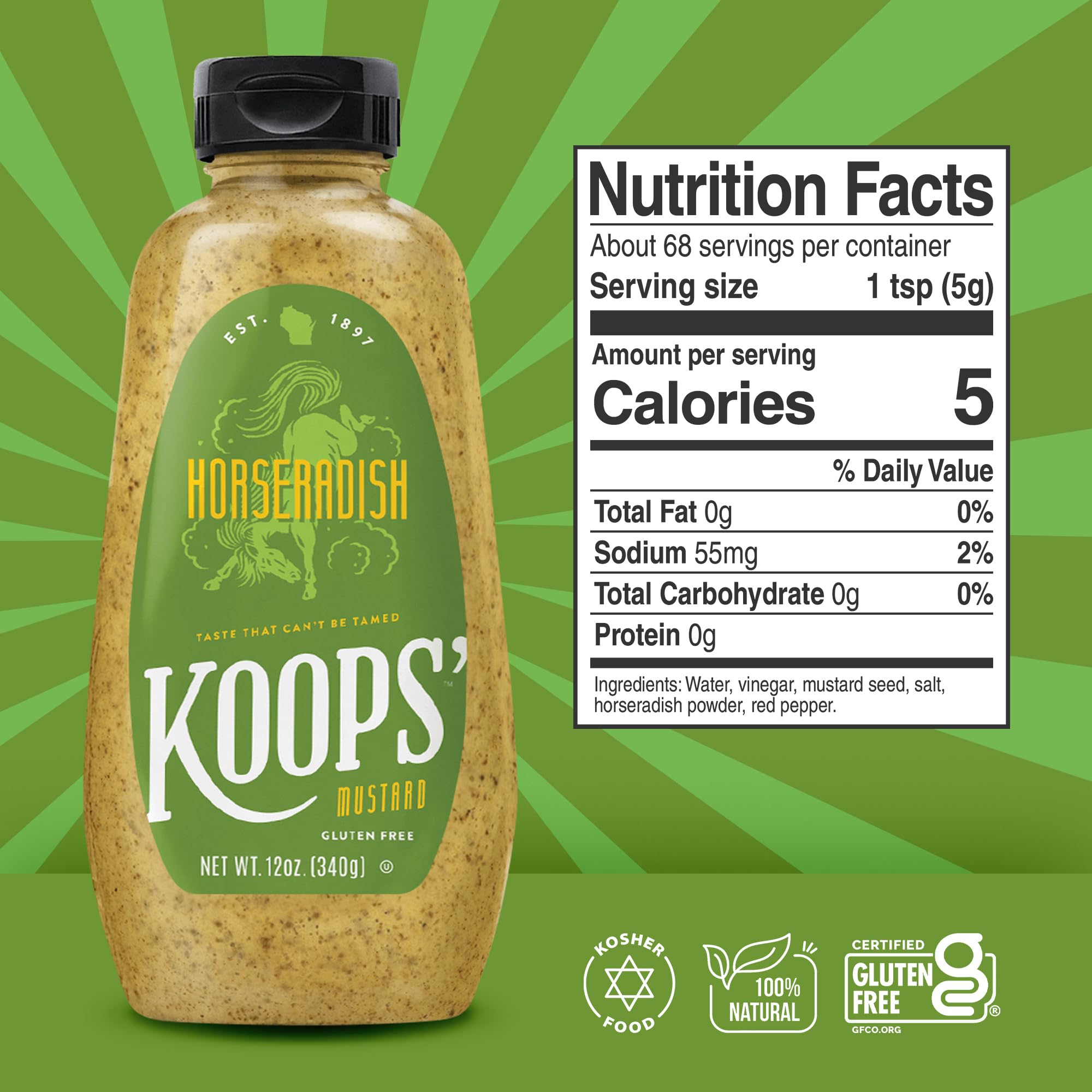 Koops' Horseradish Mustard bottle pour highlights tangy heat for hot dogs