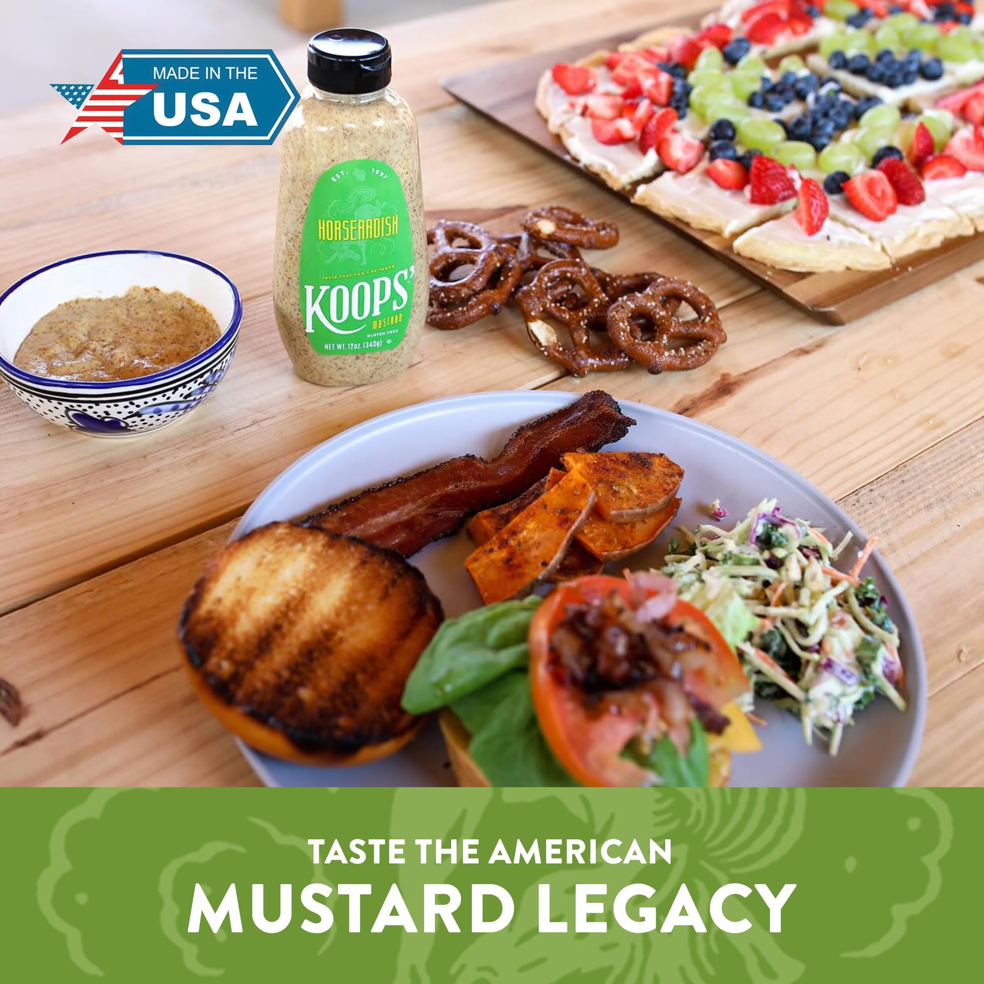 Koops' Horseradish Mustard ingredients alongside bottle label shows quality seeds and vinegar