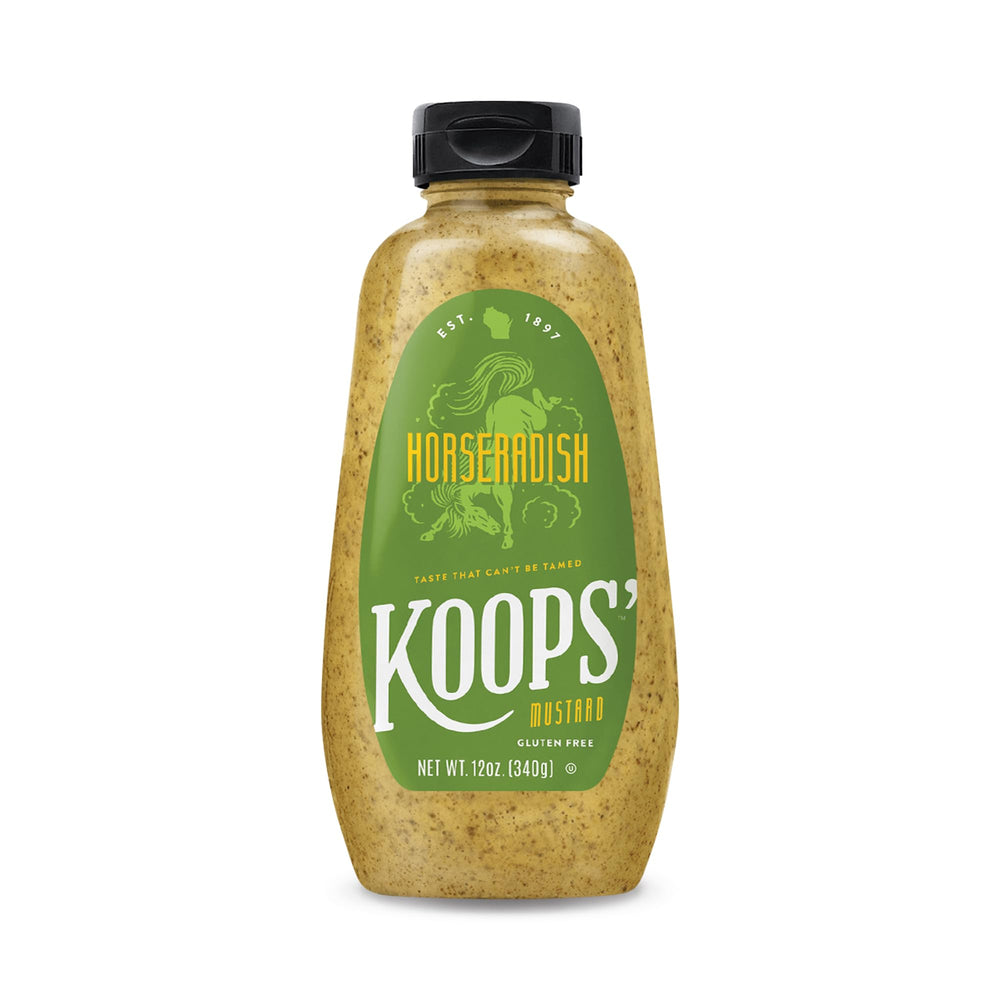 Koops' Horseradish Mustard squeeze bottle adds bold flavor to sandwiches and burgers