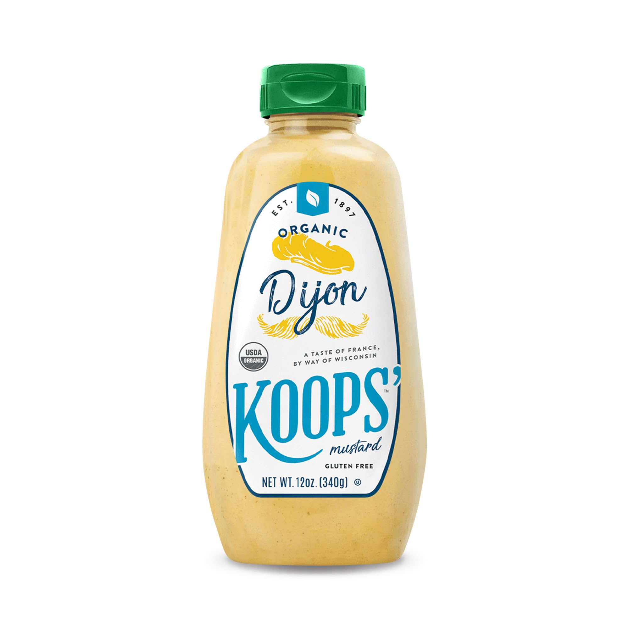 KOOPS' Organic Dijon Mustard bottle pouring for a tangy sandwich topping.