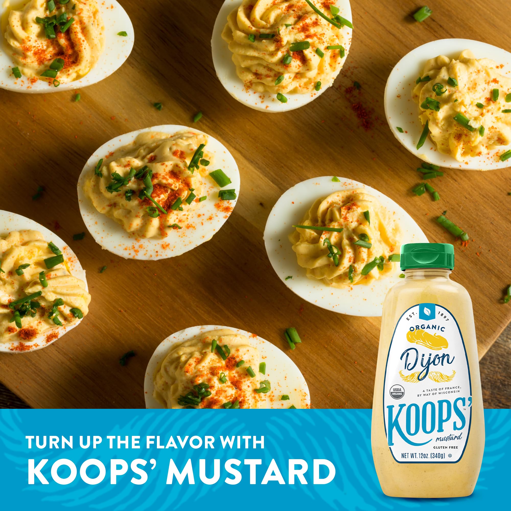 KOOPS' Organic Dijon Mustard on a burger or hot dog for bold zest.