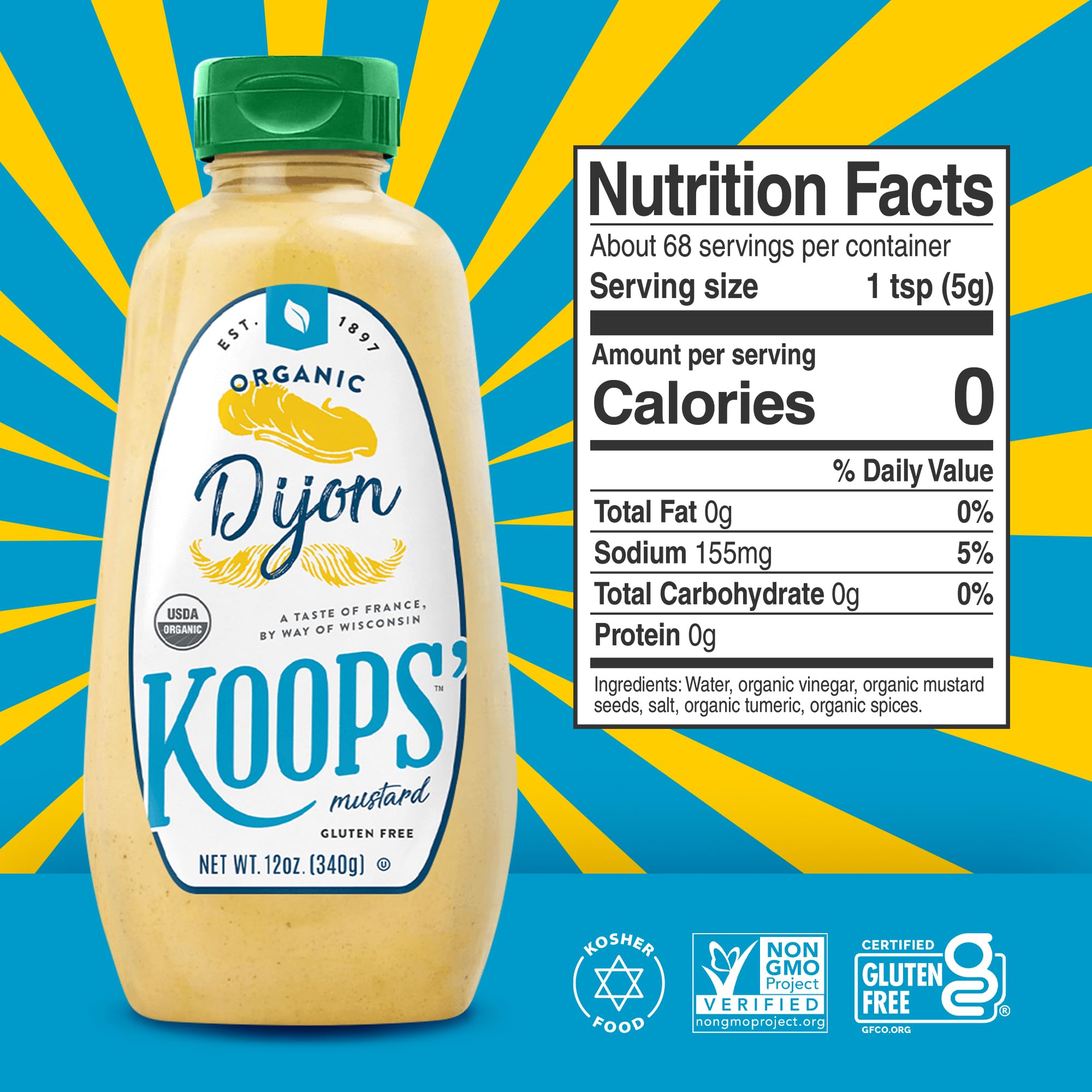 KOOPS' Organic Dijon Mustard label closeup highlighting premium ingredients.