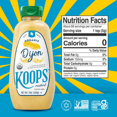 KOOPS' Organic Dijon Mustard label closeup highlighting premium ingredients.