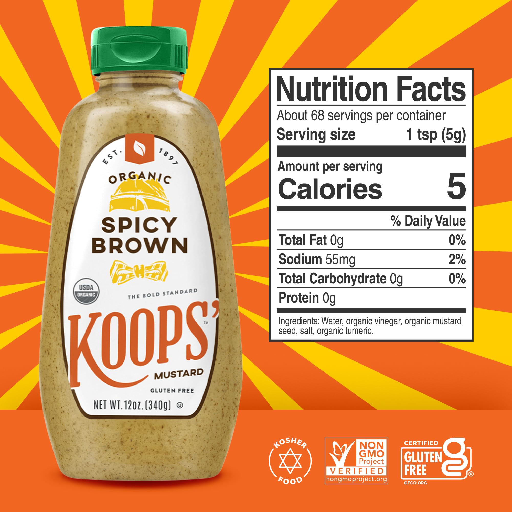 Koops' mustard squeeze bottle for easy, mess-free spreading on burgers