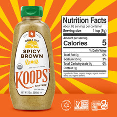 Koops' mustard squeeze bottle for easy, mess-free spreading on burgers