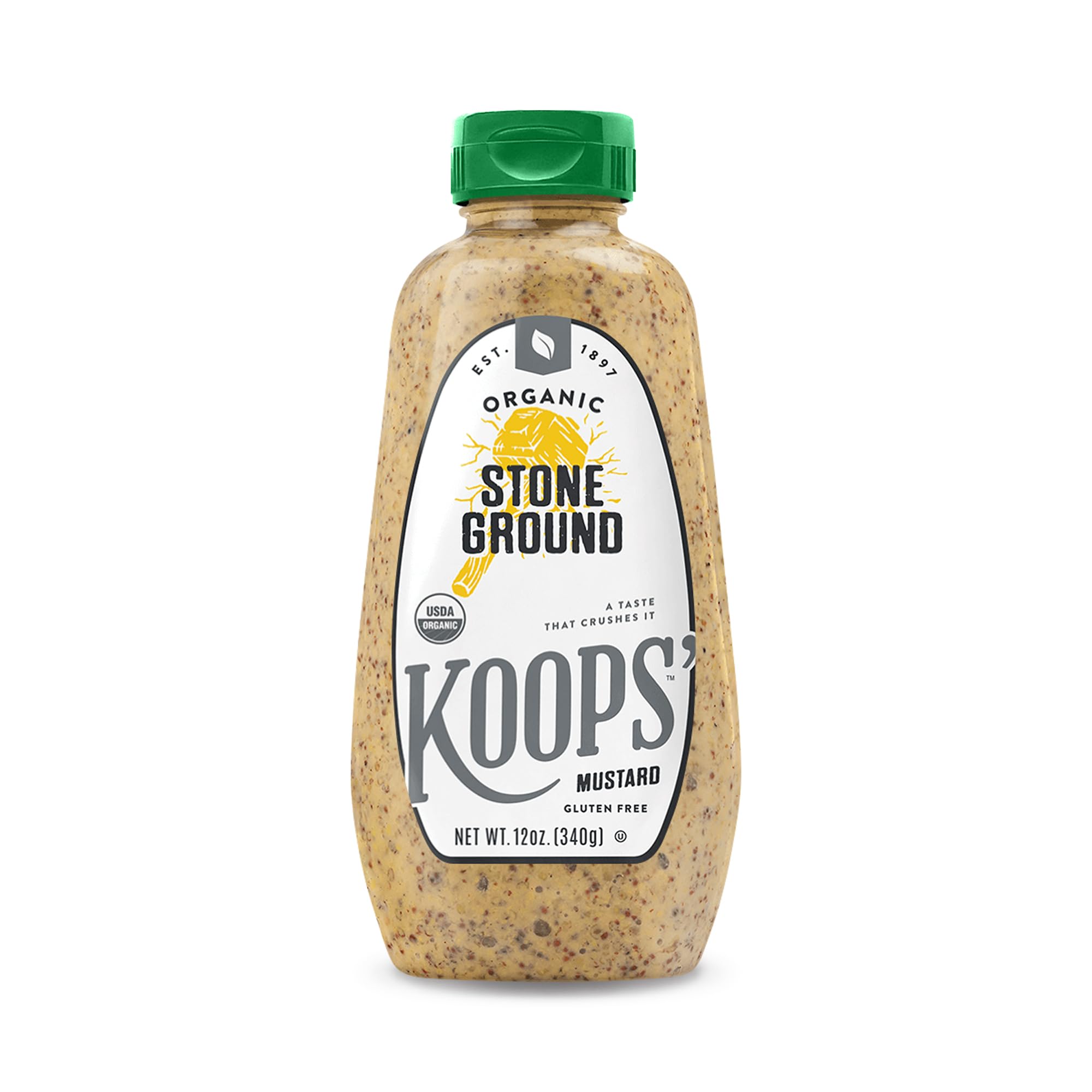 Koops' Organic Stone Ground Mustard bottle ready for sandwiches and burgers