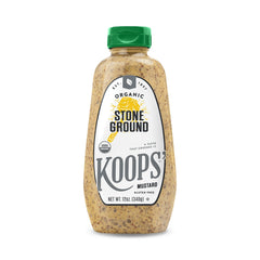 Koops' Organic Stone Ground Mustard bottle ready for sandwiches and burgers