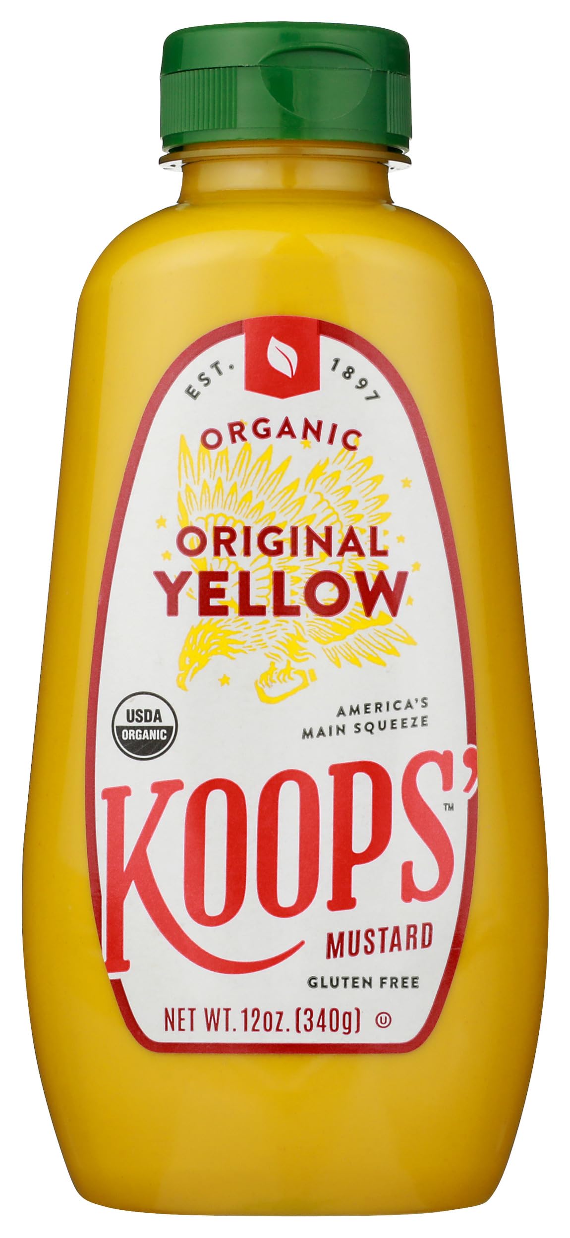 KOOPS' Organic Yellow Mustard bottle front view, ideal for burgers and hot dogs.