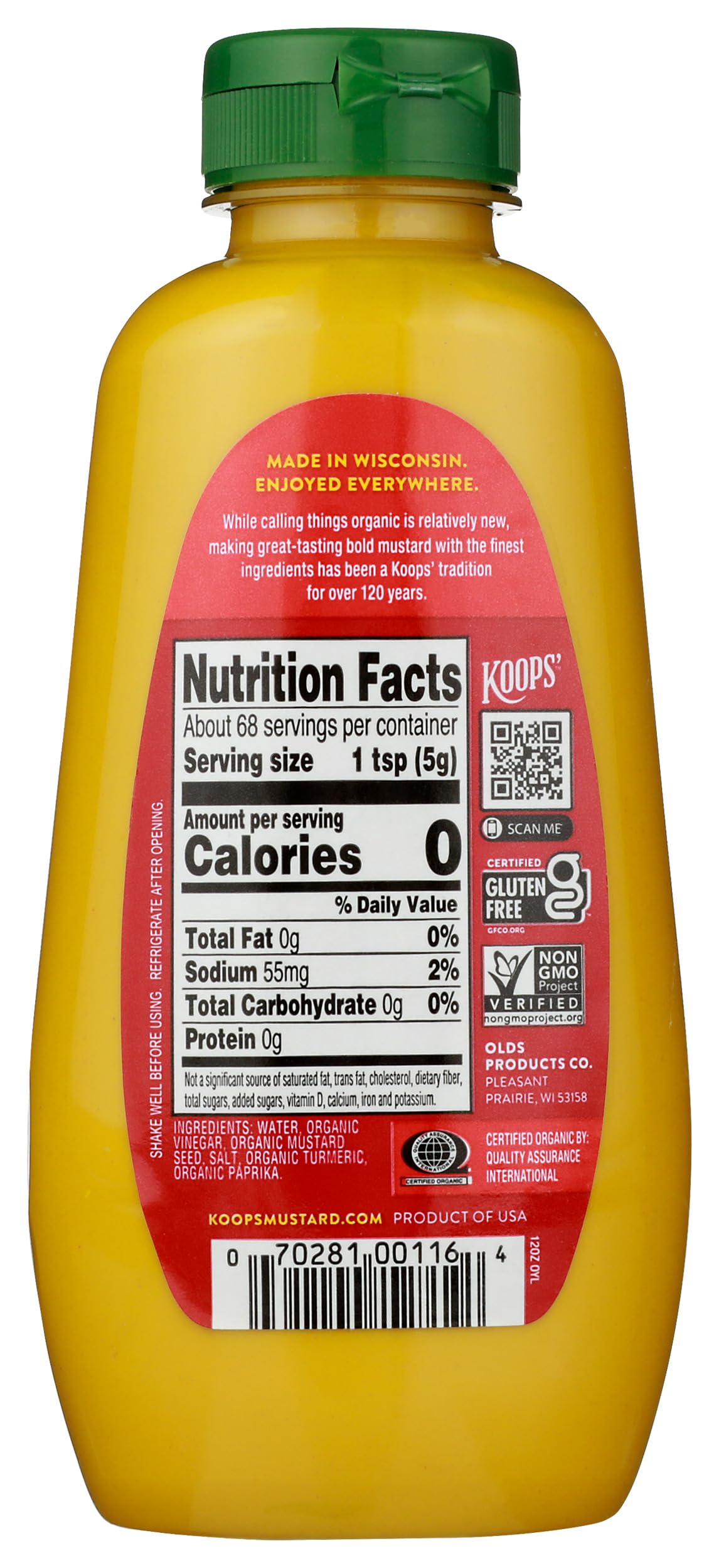 KOOPS' Organic Yellow Mustard bottle side view with packaging variations.