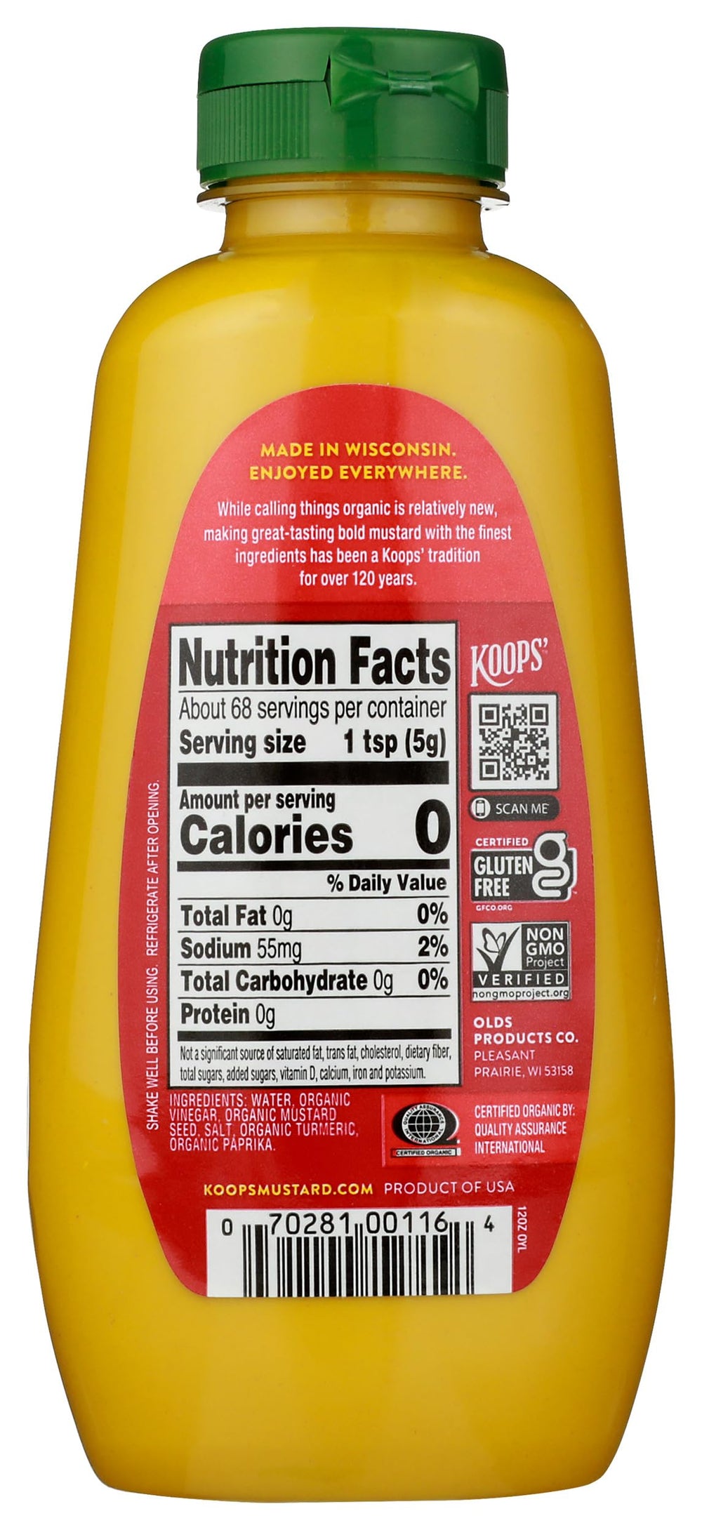 KOOPS' Organic Yellow Mustard bottle side view with packaging variations.