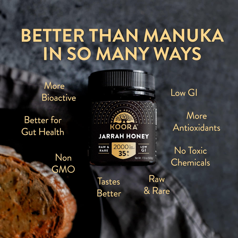KOORA Jarrah Honey TA 35+ bottle label highlights antioxidant-rich profile.