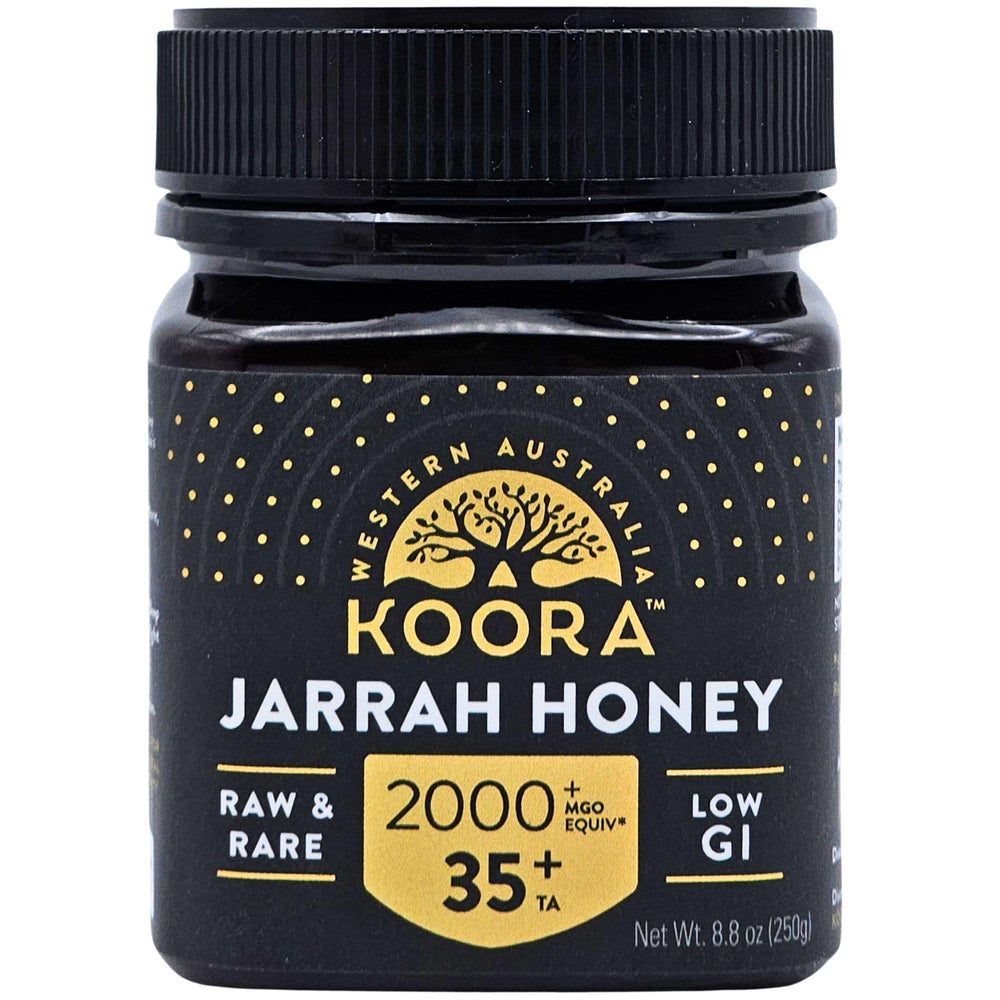 KOORA Jarrah Honey TA 35+ pour bottle highlighting natural energy and immune-friendly use.