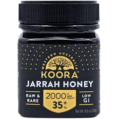 KOORA Jarrah Honey TA 35+ pour bottle highlighting natural energy and immune-friendly use.