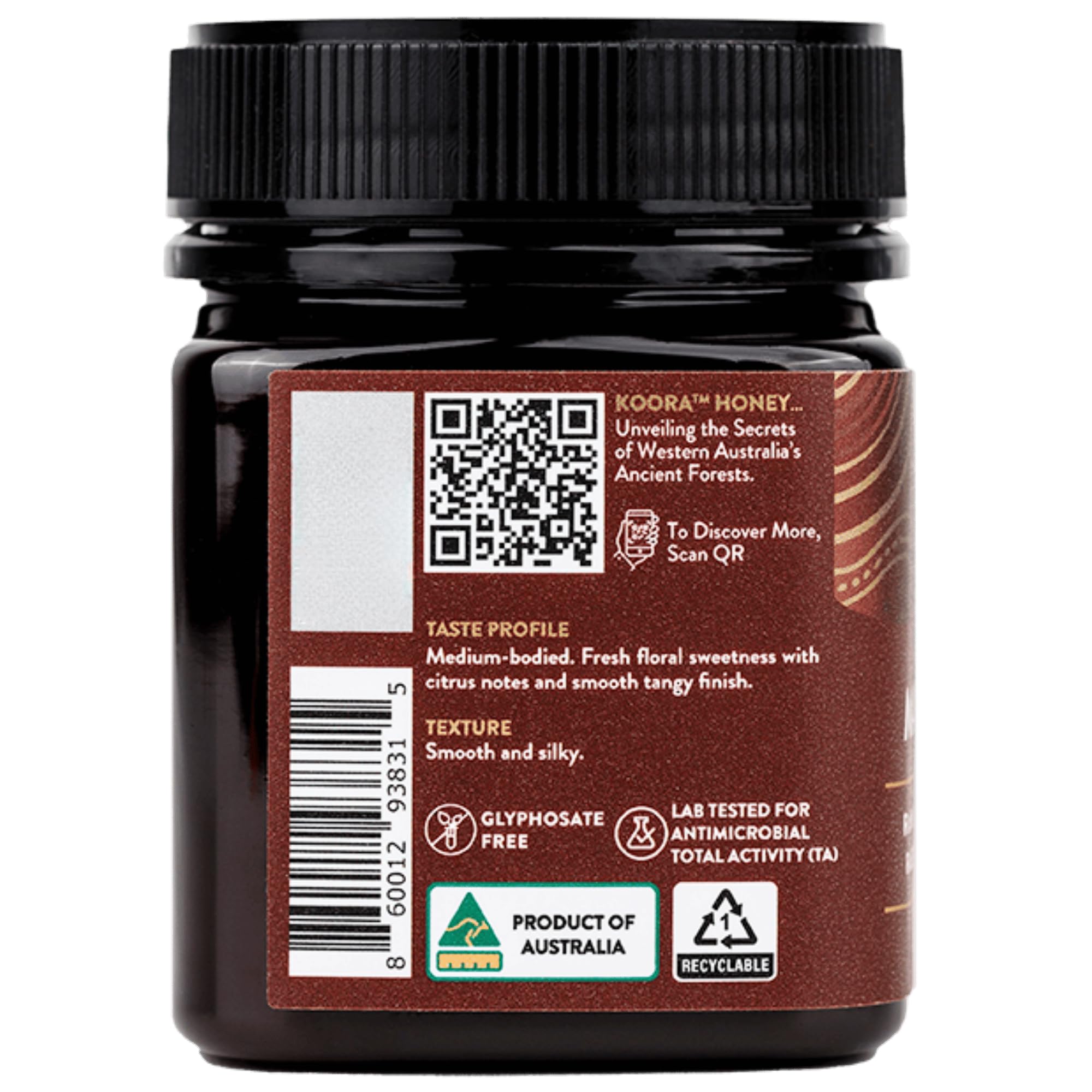 KOORA Marri Honey TA 25+ forest backdrop communicates pristine sourcing.