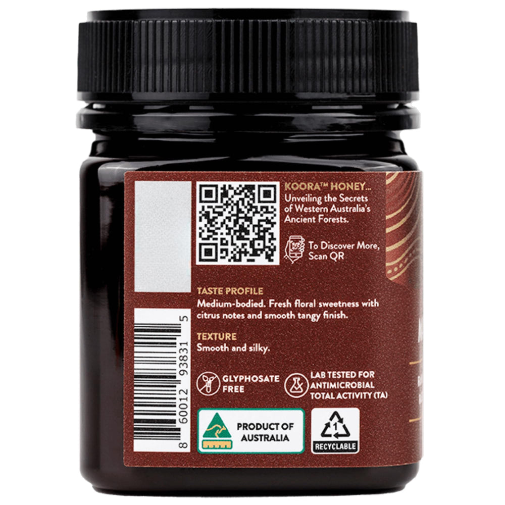 KOORA Marri Honey TA 25+ forest backdrop communicates pristine sourcing.