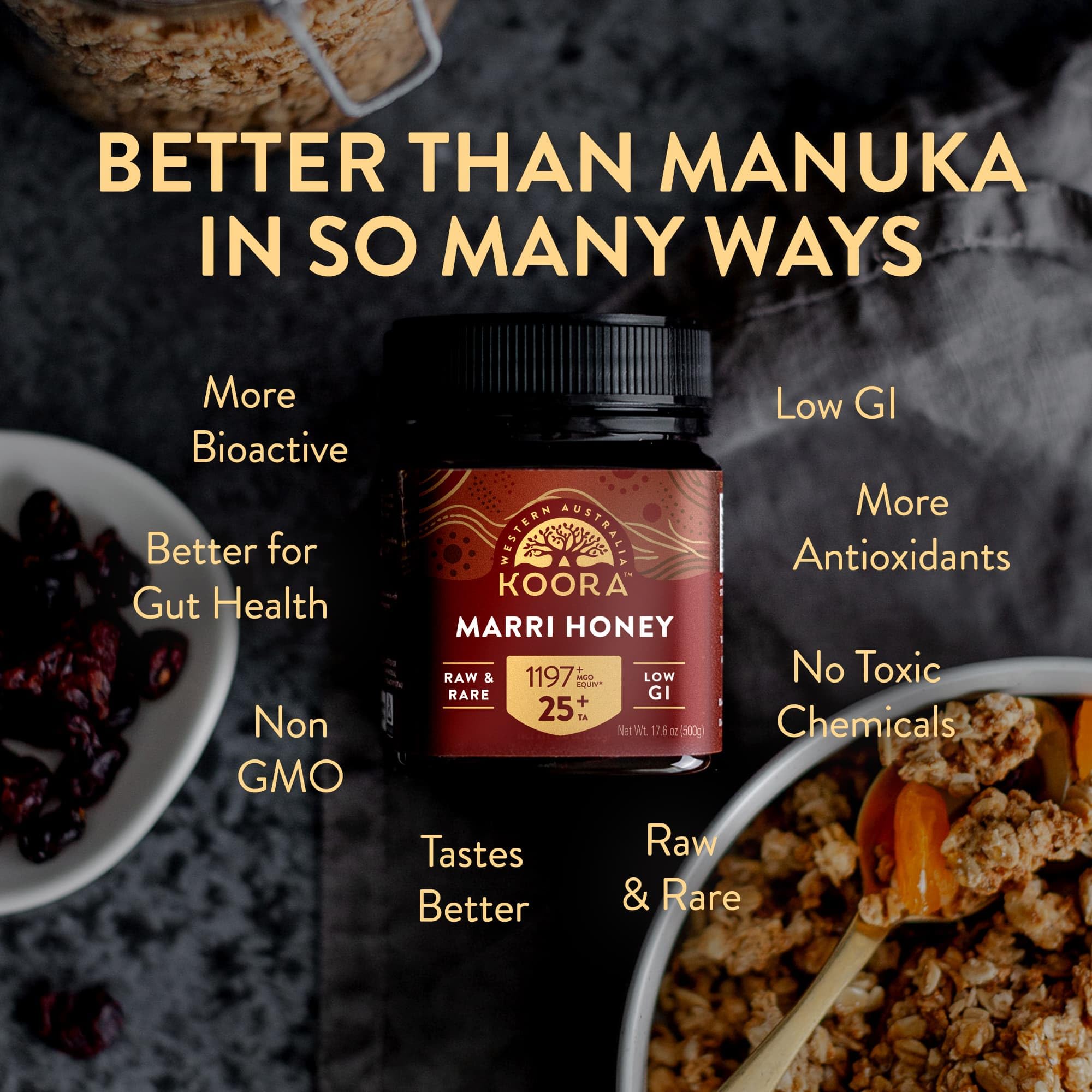 KOORA Marri Honey TA 25+ drizzle on toast highlights a low GI breakfast option.